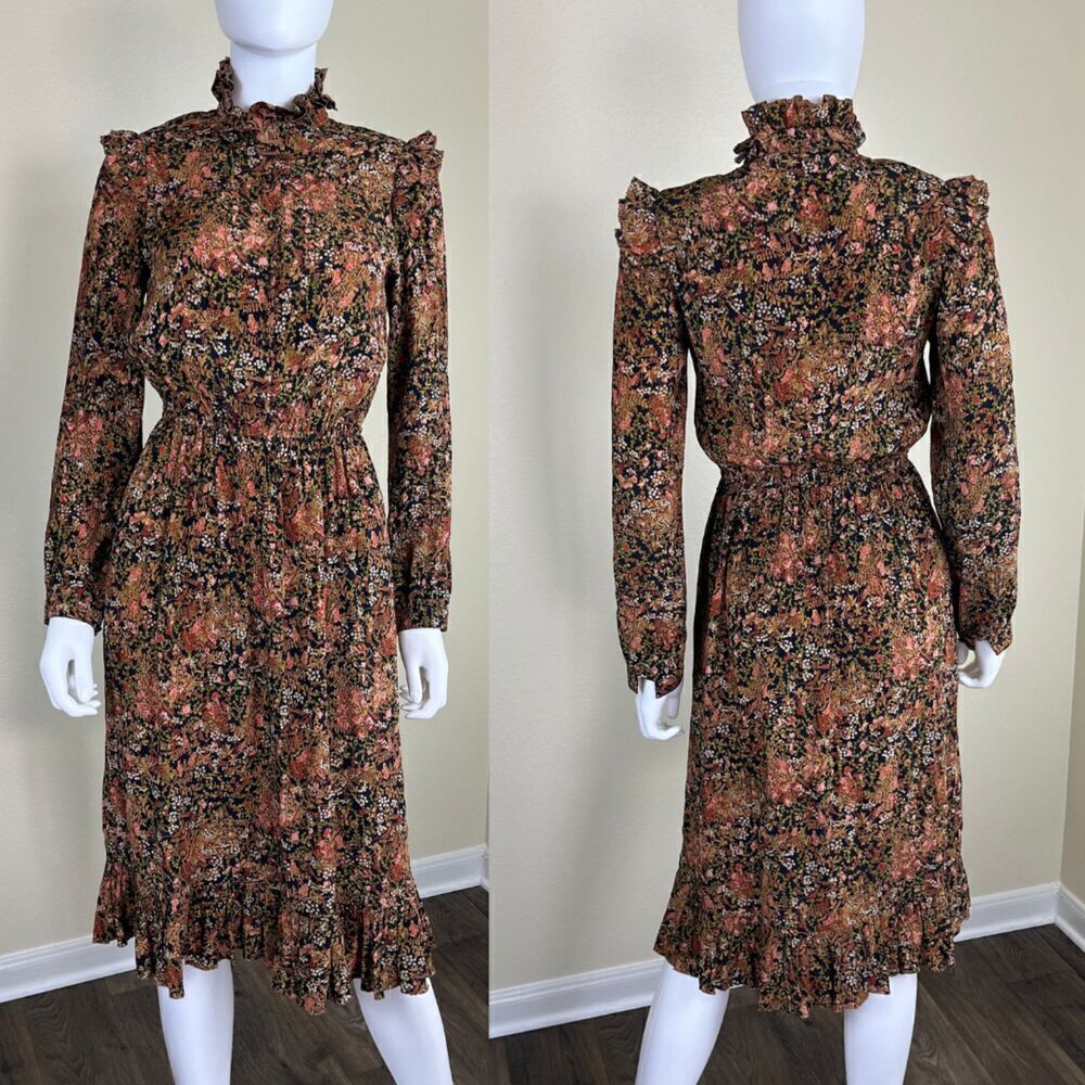 Vintage Norma Walter Women's Size 4 Floral Crepe Silk Ruffle Midi Dress Peasant